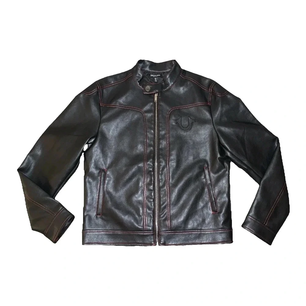 Men's Medium- NEW True Religion Leather Black Moto Jacket MSRP $239